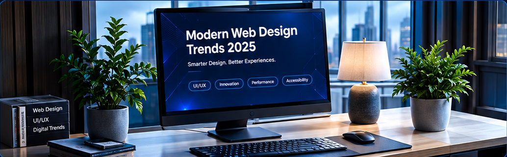 Modern Web Design Trends 2025 shown on a desktop monitor